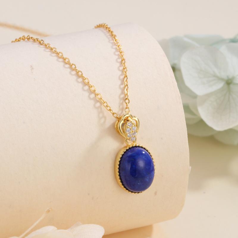 

Vintage lapis lazuli necklace women s sterling silver s925 oval egg surface simple high-end collarbone chain niche design daily jewelry gift 925 silver