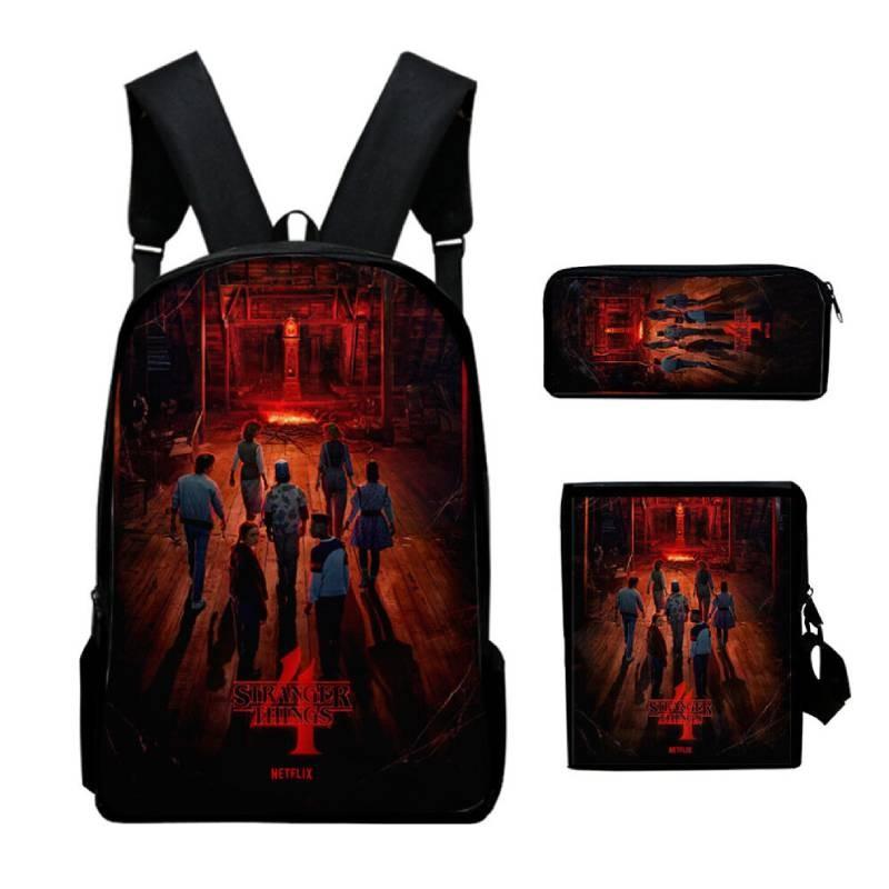 Anime Style Three-piece Backpack Set For Kids With Geometric Pattern And Pencil Case