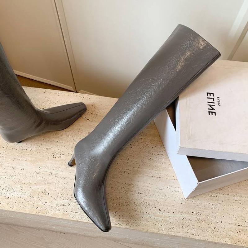 Autumn and Winter New Simple Cat's Eye and Straight Knight Boots French Pointed Temperament Women's High and Knee Long Boots