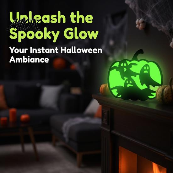 Indoor Halloween Atmosphere Lighting Glow-in-The-Dark Pumpkin, Spooky Wooden Pumpkin Ornament, Black Cats Luminous Ornament Bats Ghosts Silhouette