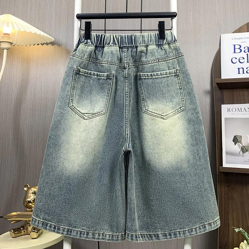 Damskie Vintage Spodenki Jeansowe Prane z Naszywką Gwiazdy i Przetarciami Casualowe Elastyczny Pas Szerokie Nogawki