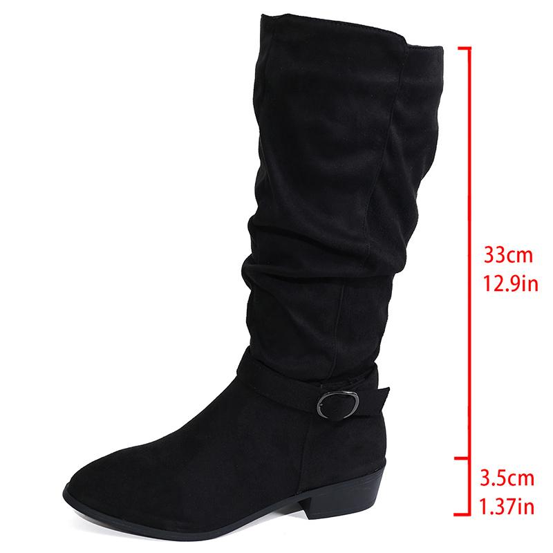 Pleated Design Block Heel Knee High Boots Women Plus Size 36-42 Zipper Long Boots Woman  Fashion Buckle Flock Botas Mujer
