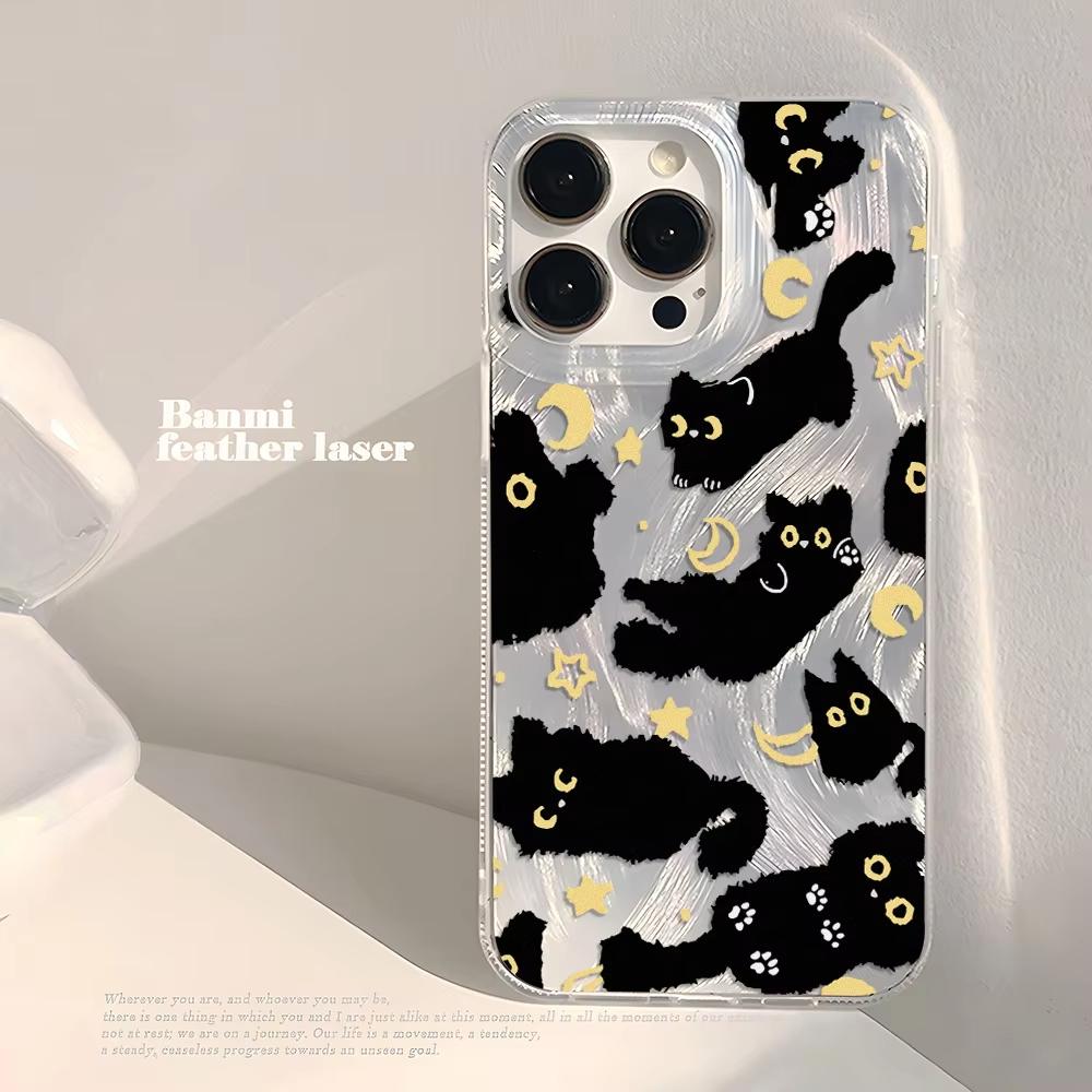 Cute Black Cat Phone Case For iPhone 17 Air 16 E 15 14 13 12 11 Pro Max Plus SE 2020 2022 Silver Feather Texture Cover