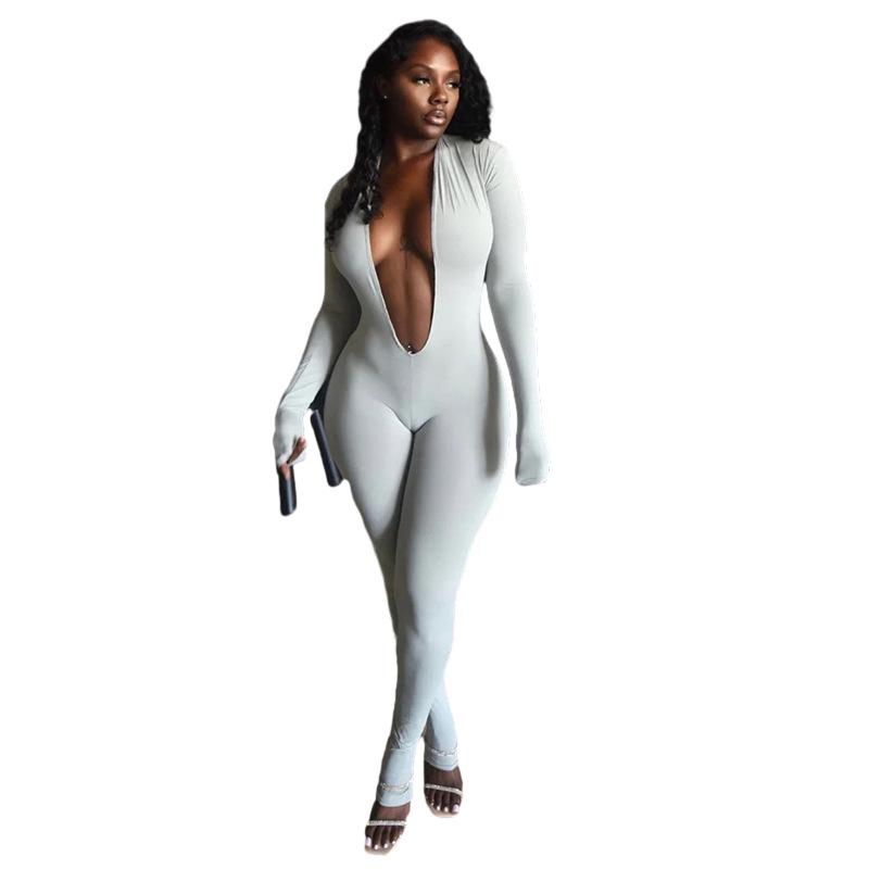 Women s Sexy Backless Deep V Long Sleeve Solid Color Jumpsuit Medium