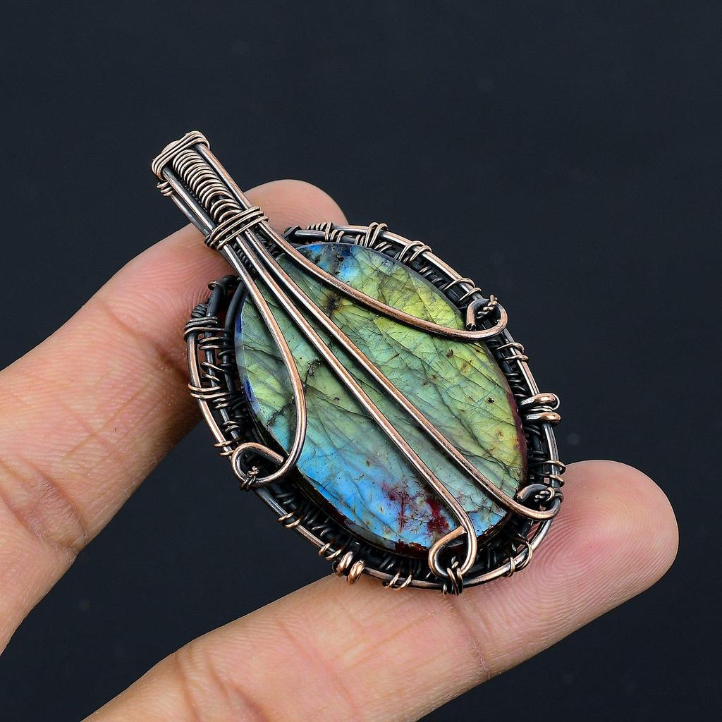 Tri Color Labradorite Pendant, Handmade Gemstone Pendant, 999 Copper Wire Wrapped Pendant Antique Jewelry, For Engagement Gift
