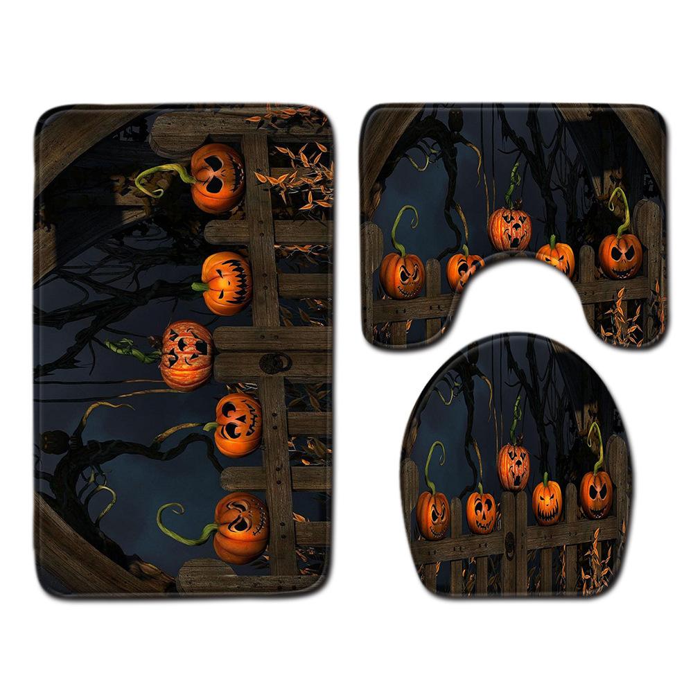 Halloween Shower Curtain Floor Mat Three-Piece Combination Set, Living Room Sand Absorbent Carpet, Bedroom Non-Slip Door Mat