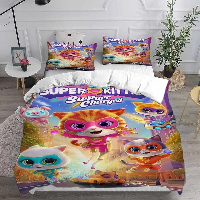 Super Kitties Kittydale Bedding Set Cartoon Cat Bed Supplies Set Children Duvet Cover Bed Comforter Set Bedding Birthday Gifts
