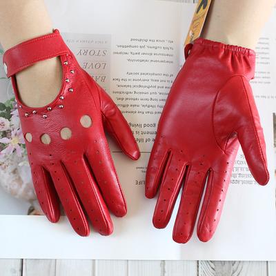 Fashion Leather Driver Gloves Women's Single Thin Unlined Rivet Car Driving Motorcycle Riding Full Finger Sheepskin Gloves