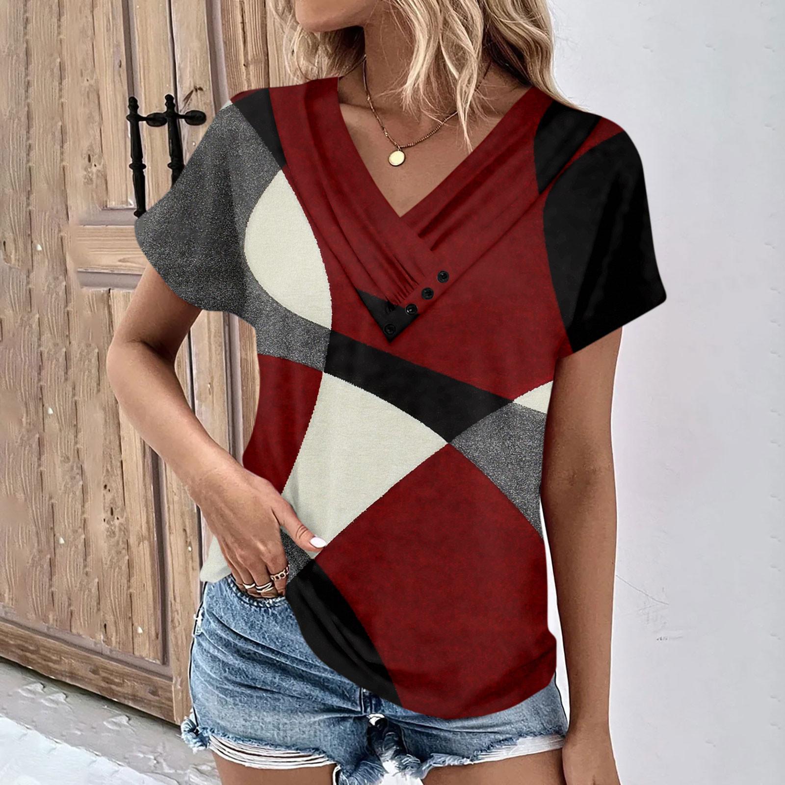 

Летние женские топы с узором для женщин, удобные женские топы с короткими рукавами и v-образным вырезом, футболки большого размера XXL винный