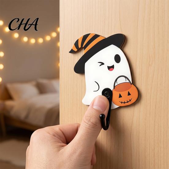 Space Saving Entryway Hooks Halloween Themed Wall Hook, Decorative Ghost Pattern Key Hanger, Self Shape Mounted Hook Adhesive Backing Wood Base