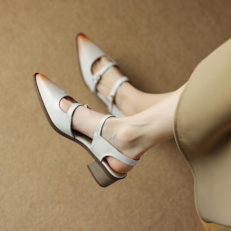 Summer Women Sandals Genuine Leather  Shoes for Women Cover Toe Chunky Heel Shoes Pointed Toe Slingback Sandals Gladiator Shoes