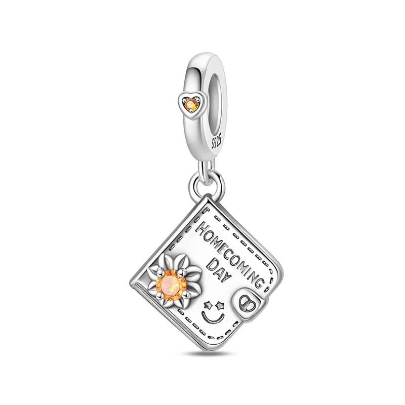 Original 925 Silver Graduation Charms Mortarboard Beads Flower Pendants for Bracelet Necklace DIY Jewelry Gift
