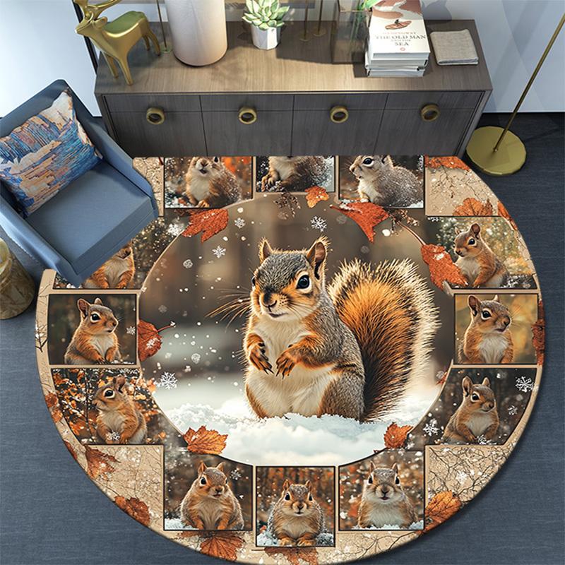 Squirrel Round Area Rug,Carpet Rug for Living Room Bedroom Sofa Playroom Decor,Non-slip Floor Mat