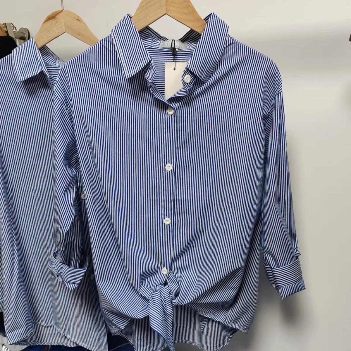 

Fashion New Shirt Loose Blue Striped Design Striped Shirt Button Splicing Versatile Cardigan L синій