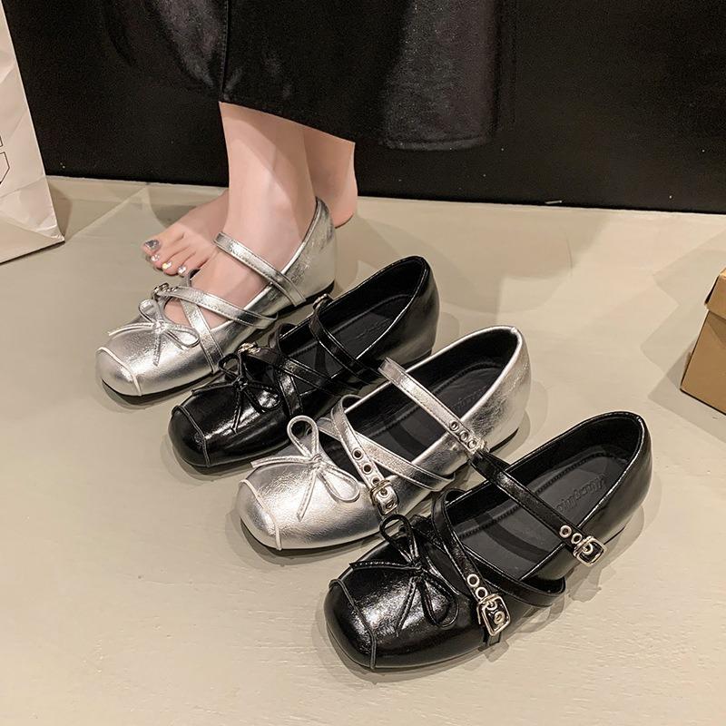 Silver Single Shoes Women's Retro Mary Jane Shoes New Casual Bow Flat Ballet Shoes Women