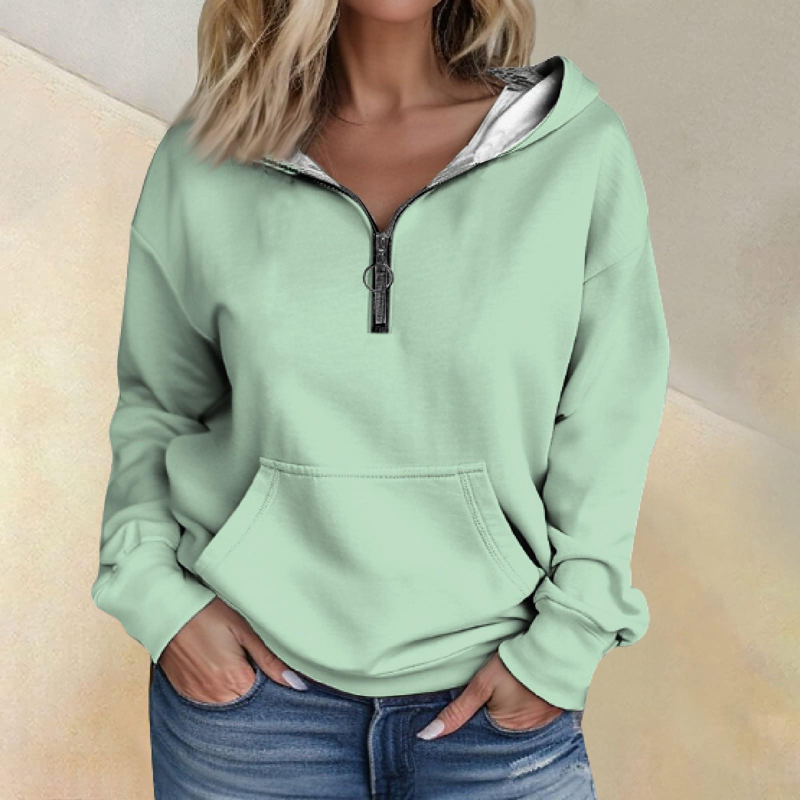 

Women s Fashionable Solid Color Long Sleeved Loose Half Zippered Hoodie With Pockets