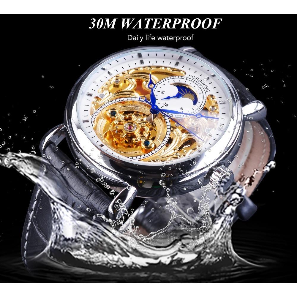 Forsining Erkek Moda Rahat İçi Boş Ay Evresi Oymalı İçi Boş Otomatik Mekanik Saat GMT1125-1-A