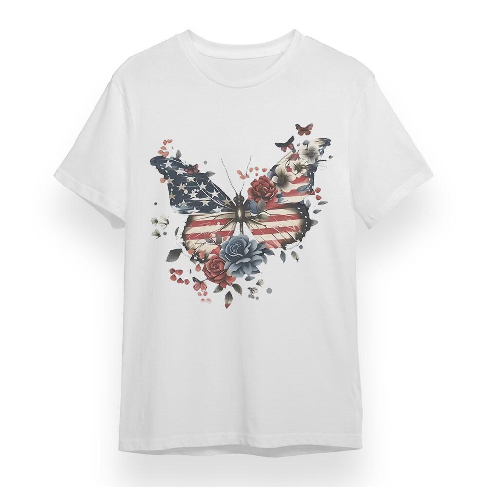 

Women s T-shirt With Patriotic Butterfly Unisex White 100% Cotton Tee Plus Size 4XL