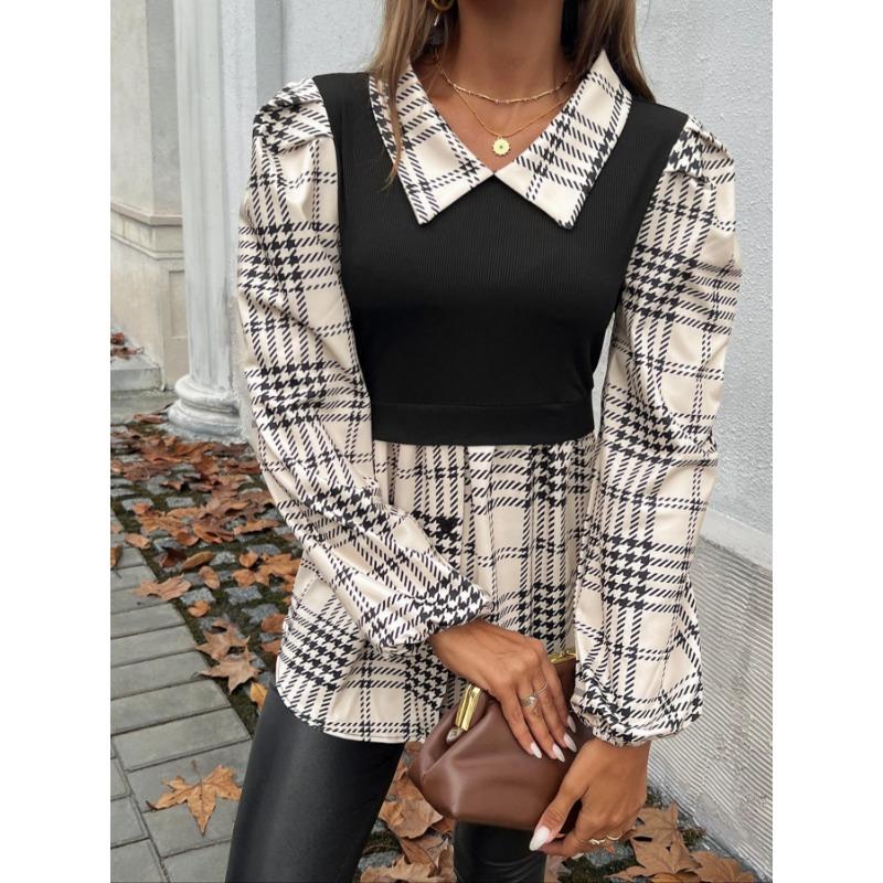 Women's Blouse Bubble Sleeve Temperament Casual Colorblocking Blouse