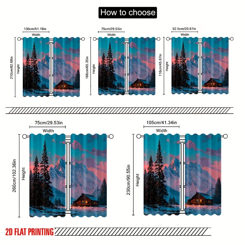 2D Flat   [2D Printed Curtains]   2pcs   winterChristmas   Snow Mountain Cabin and Pine Sunset Design   Polyester   Perfect for Living