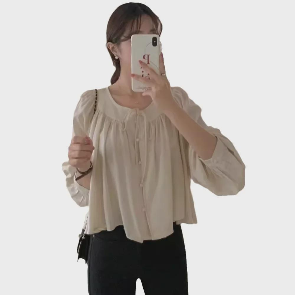 Korean Chic Lace Round Neck Lantern Sleeve Women's Shirt - Spring/Summer 2025