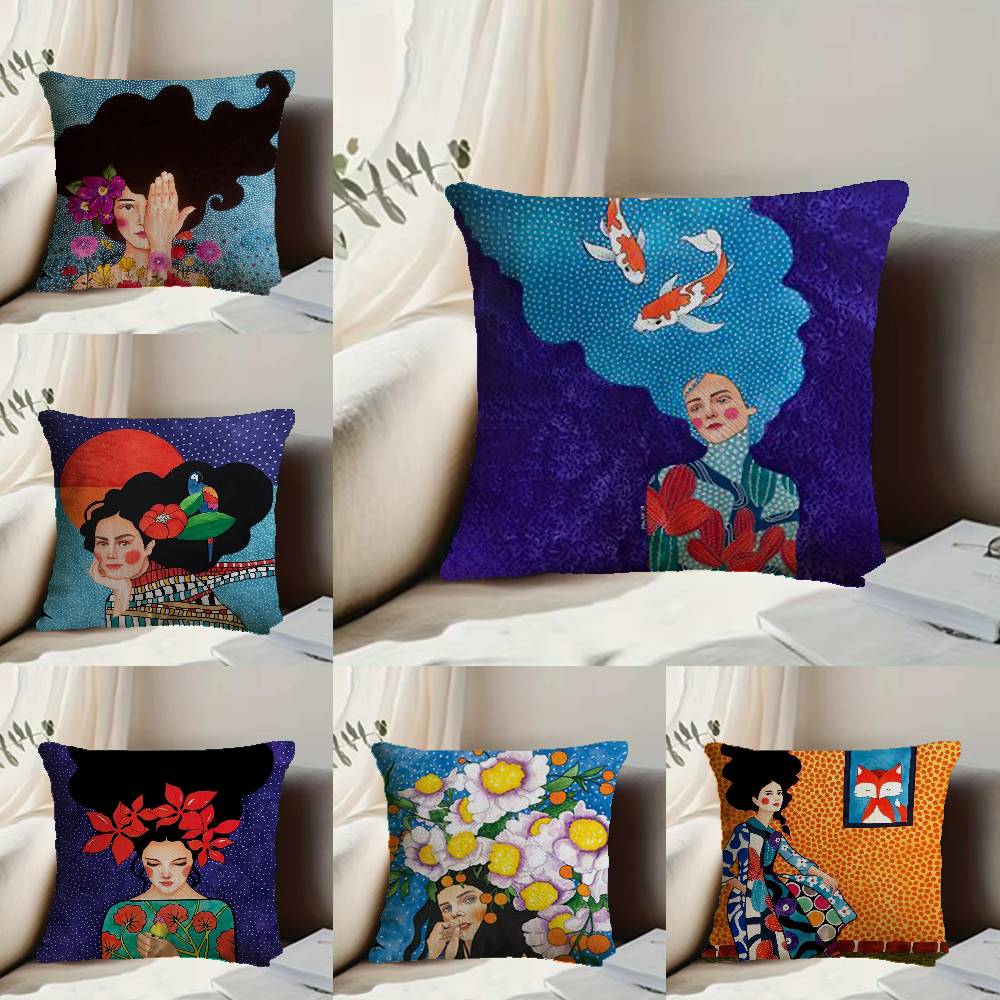 Vintage Abstract Girl Hair Flower Pillow Case Anti-dustmite Pillowcase Invisible Zipper Silky Short Plush Sofa Cushion Cover