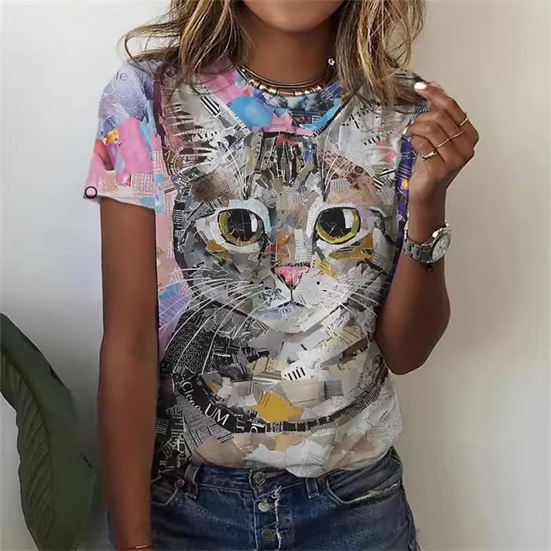 Summer Round Neck 3D Cat Pattern Print Top Fashionable Casual Short Sleeved Women's T-shirts