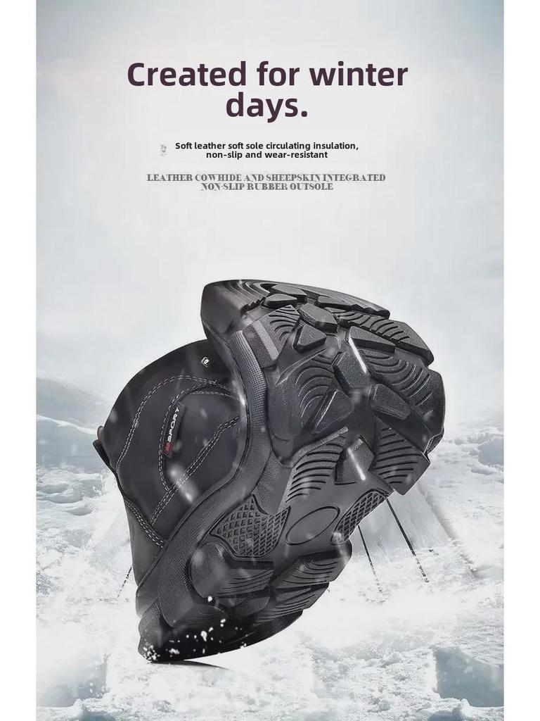 Men's 2023 Winter Non-Slip Northeast Snow Boots - Genuine Leather & Wool, Plus Velvet, Warm & Thick Cotton Shoes