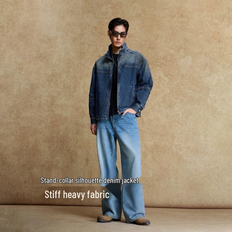 JACK&JONES Men's Stand Collar Loose Fit Denim Jacket