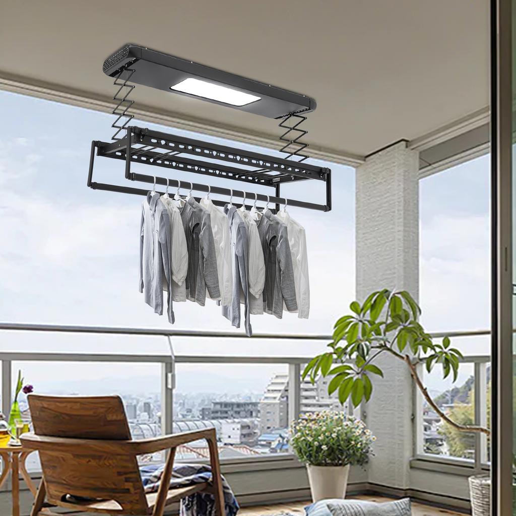 Electric Retractable Clothes Airer with 8 Rods & LED Light, Remote Control, 35kg/77 lbs Load Capacity for Home Use, 110V (Black)