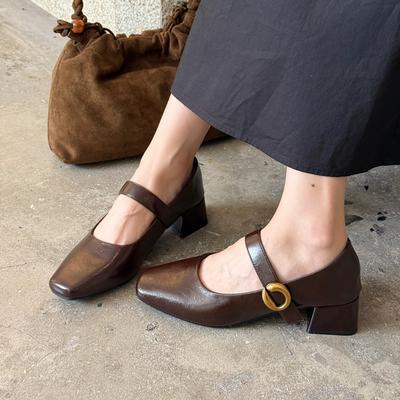 Vintage Mary Jane kleine leren schoenen dames 2025 dames herfst nieuwe veelzijdige enkele schoenen dikke hak vierkante neus klittenband hoge hakken
