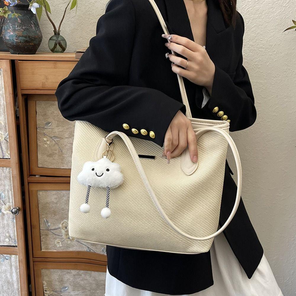 Casual PU Women's Shoulder Bag Large Capacity Black Beige Blue Shopping Bag Minimalist Design Tote Bag