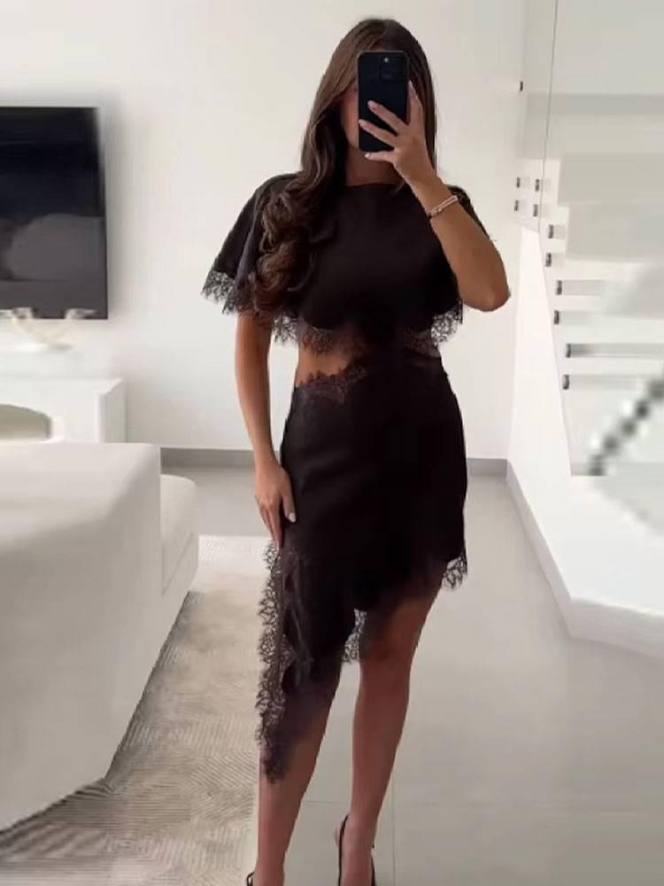 Autumn/Winter Lace Trim Cut-Out Waist Patchwork Dress for Women