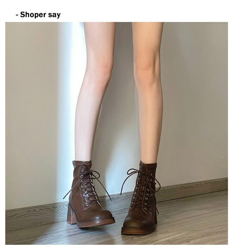 Fashion New Autumn/Winter Split Leather Women Boots Round Toe Chunky Heels Boots for Women Short Boots Zapatos Mujer Lace High Heels