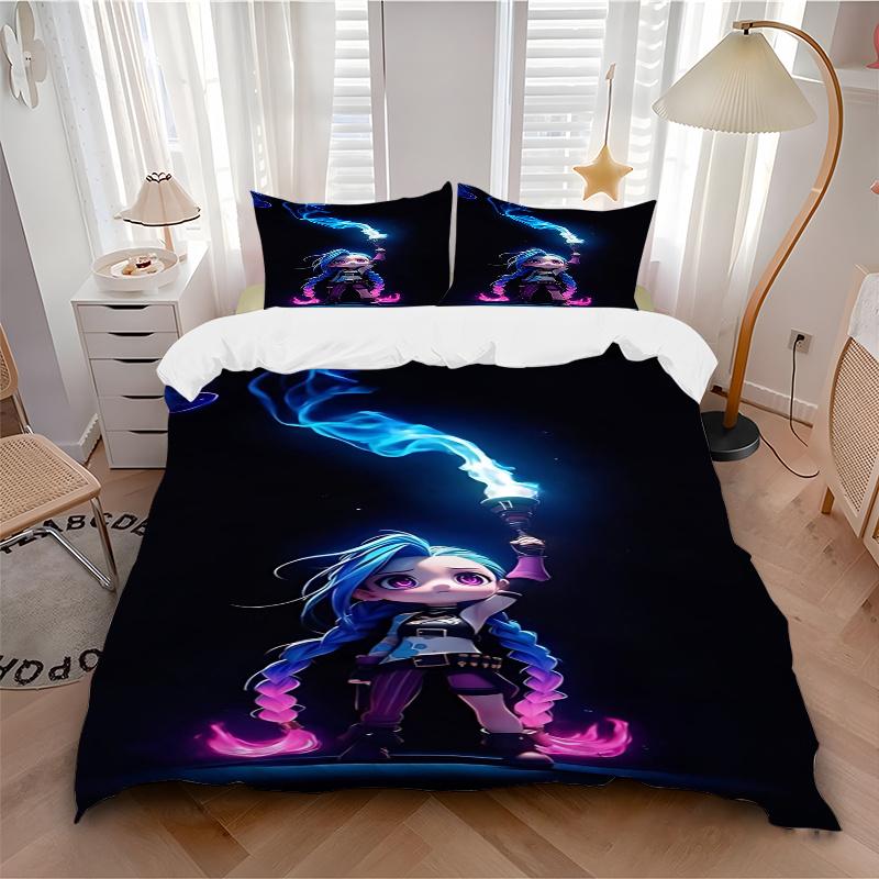 3pcs Jinx Blue and Purple Flame Fantasy Character Bedding Set-Perfect for Decorative Bedrooms, Hotels, and Festive Gifts!1202254a