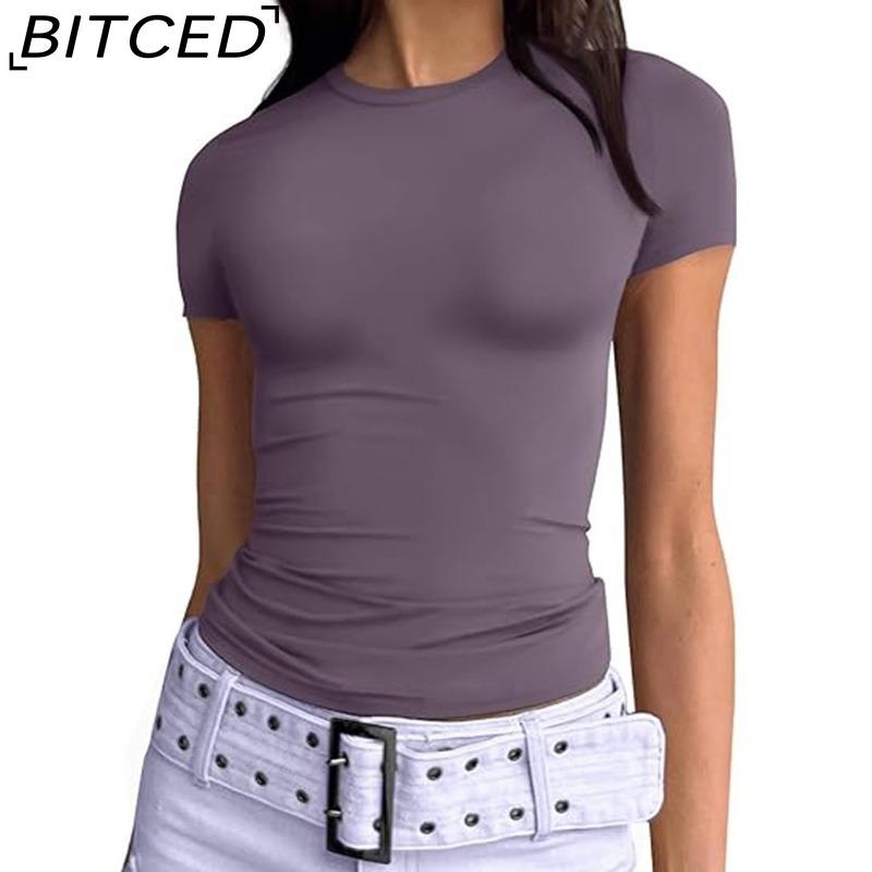 BITCED Damska koszulka z długim rękawem na lato: Stylowe topy z dekoltem O, dopasowane, do noszenia jako warstwa zewnętrzna