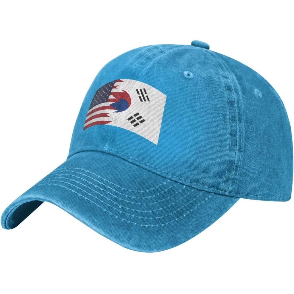 Korean American Flag Baseball Cap Washed Denim Distressed Adjustable Dad Hat for Unisex