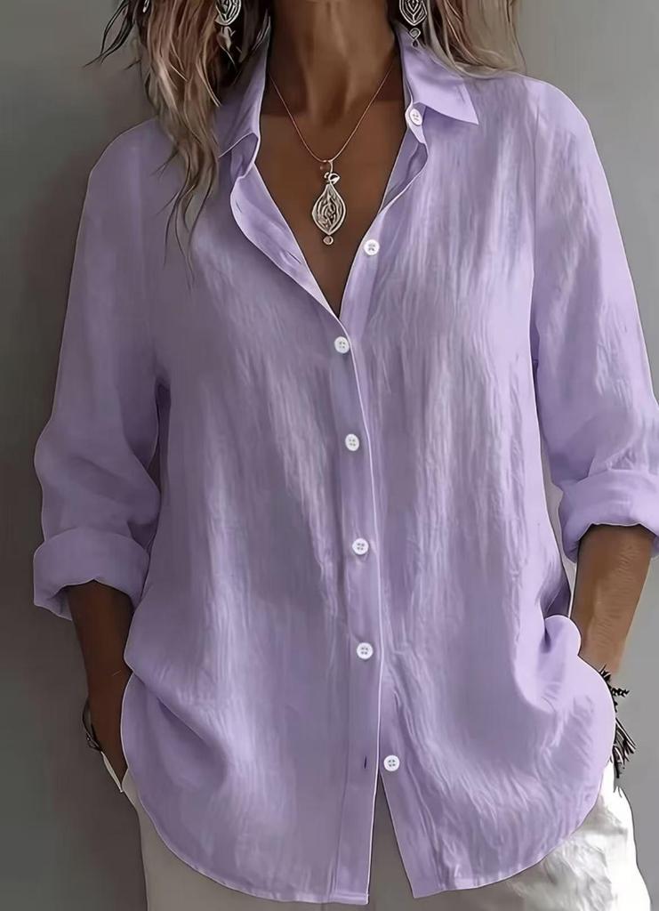 2026 European & American Women's Linen Casual Lapel Shirt - Solid Color, Long Sleeve, Spring Collection