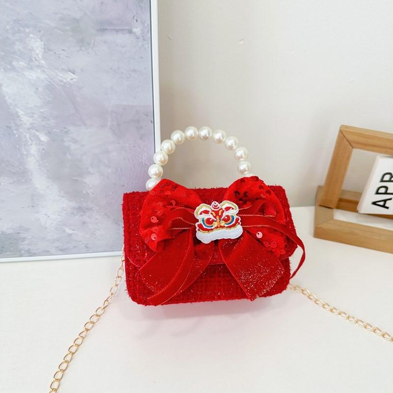 Red Cute Delightful Bowknot Childrens Handbag With Trendy Chain And Handle Pearl