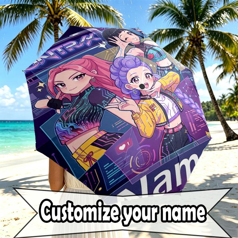 Custom Name Personalized Demon Hunters Kpop Print Umbrella, Auto Open Close, 8‑Rib Sturdy Frame, Commute Camping Hiking Use, Birthday Gift