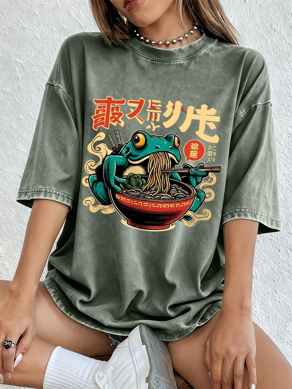 

Frog Eating RaUnisex Noodles Printing Washed TShirts Womens Cotton Oversize Tops ONeck Short Sleeve T Shirt Summer Womens Clothes S