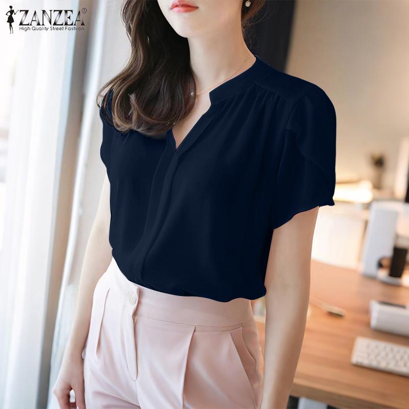 ZANZEA Women Summer V-Neck Short Sleeve Solid Color Casual Blouse