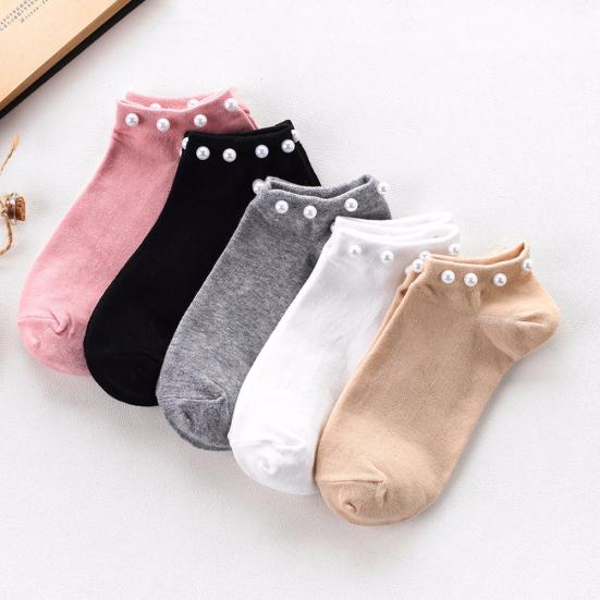 Women's Solid Color Faux Pearl Beading Breathable Cotton Low Cut Ankle Socks