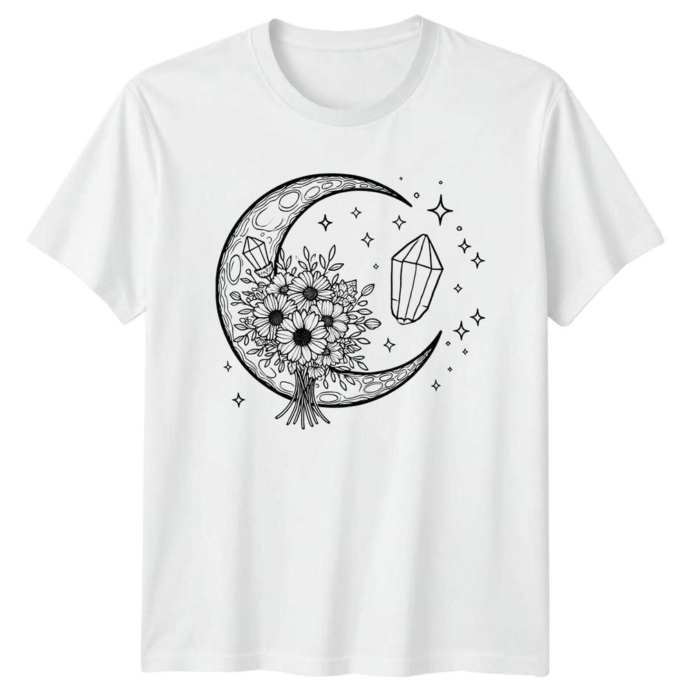 Crescent Moon Flowers Crystals Celestial TShirt Witchy Magic Shirt S