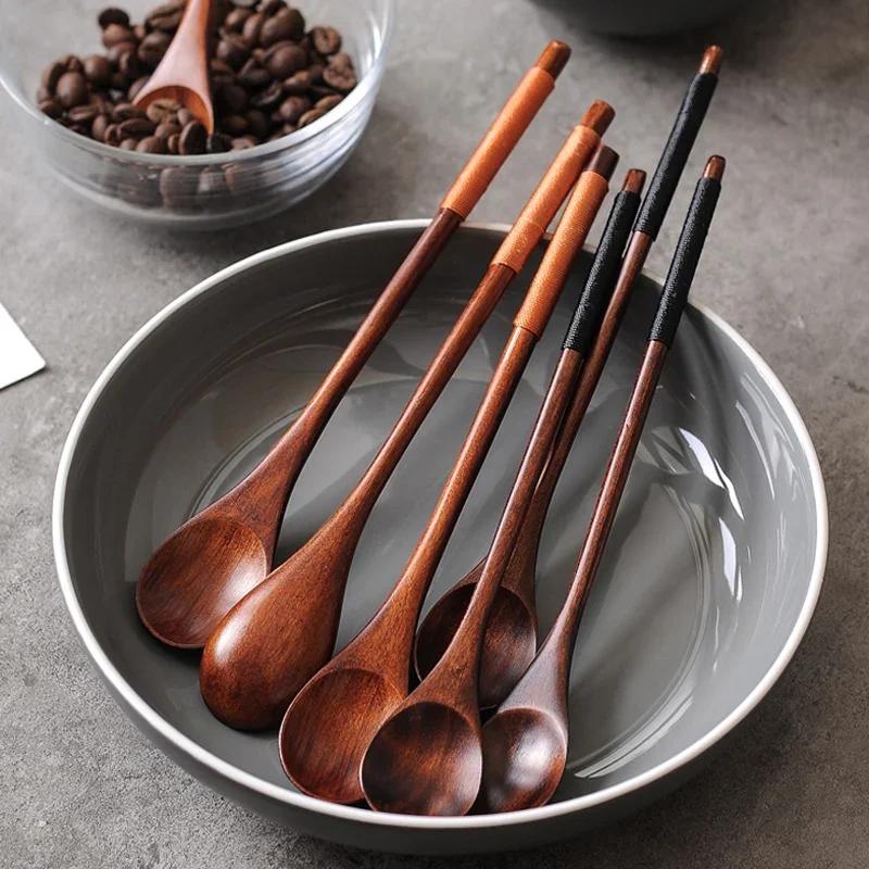 10Pcs Colheres de chá de madeira pequenas e longas, colher de chá de café estilo japonês, mel, sobremesa, café, bebida, agitador, colher de mistura, utensílios de mesa