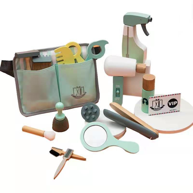 Kids Wooden Makeup Haircut Toy Beauty Fashion Salon Playset Games Combs Hair Dryer Pretend Play House Barber Makeup Kit Girl Toy