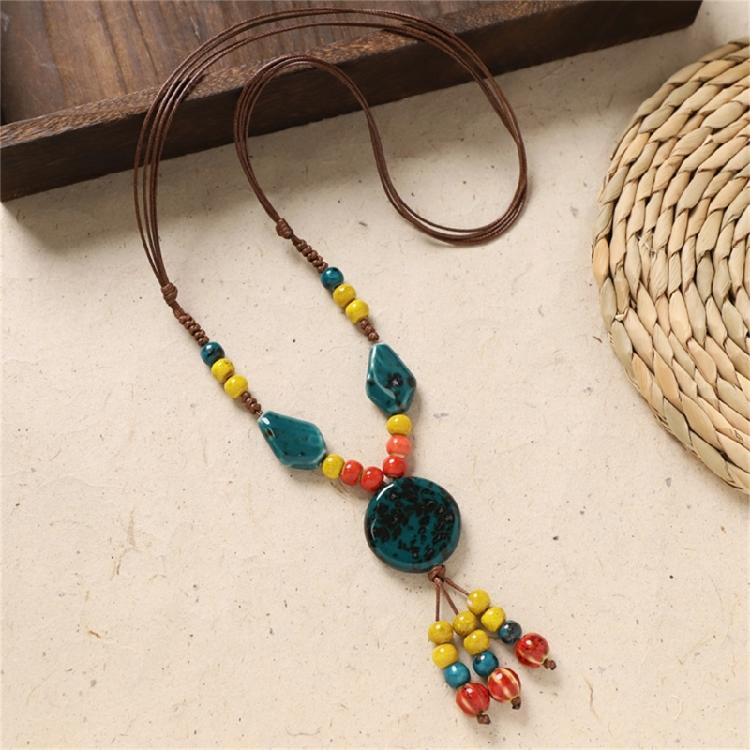 Delicate Ceramic Flower Beaded Necklace Handcrafted Retro Long Sweater Chain For Various Occasions