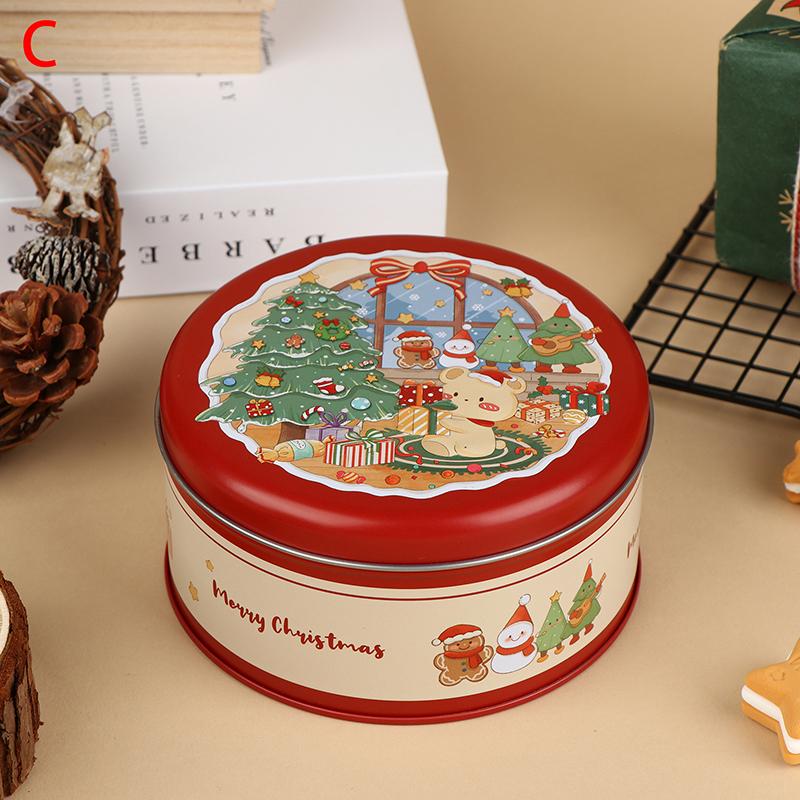 Round Christmas Tinplate Candy Box Metal Santa Claus Biscuit Packaging Can Empty Gift Packaging Box Sugar Packing Box
