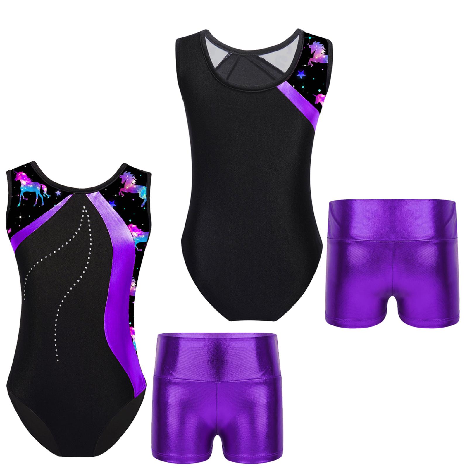 

Дитяче купальник без рукавів із клаптиковим принтом і металевими шортами з високою талією. Комплекти для танців, катання на ковзанах, гімнастики. 9-10 Years фіолетовий