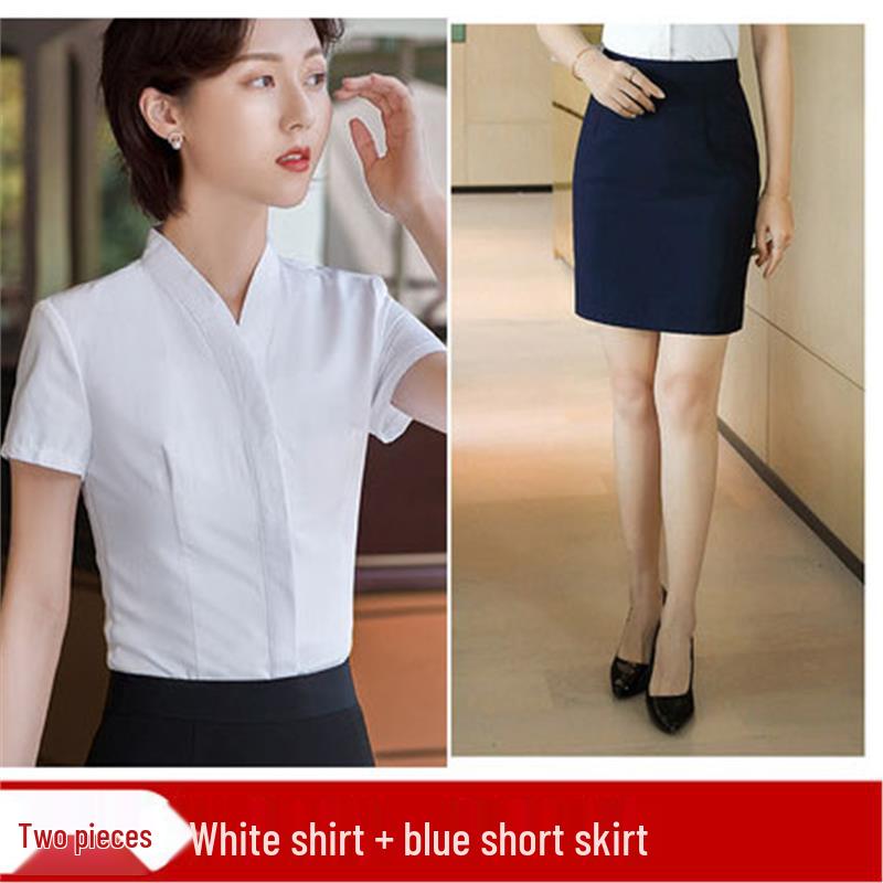 Women's White V-neck Professional Flight Attendant Shirt: Interview and Workwear Suit for Airline and Hotel Staff